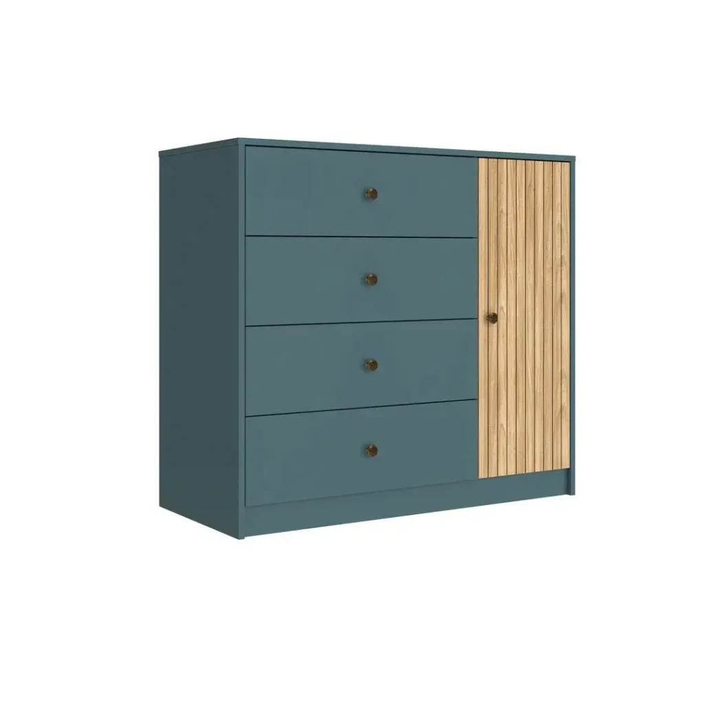 Cómoda moderna verde azulado con 4 cajones y puerta de madera con listones. by Remates Narvaja