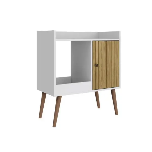 Mesa auxiliar blanca con puerta de madera acanalada, compartimento abierto y patas cónicas. by Remates Narvaja